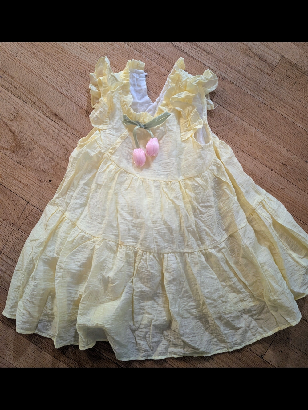 Kids Yellow Ruffled Cotton Sundress with Pink Pom Trim (Age 7-8)